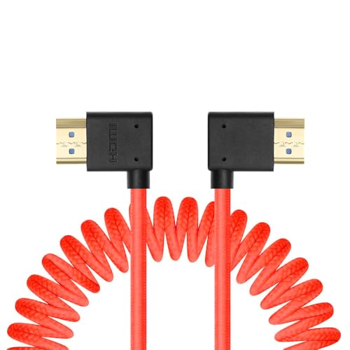 Uonecn Right Angle HDMI 2.1 Cable for Camera, 48Gbps 8K Braided Coiled HDMI for Atomos Ninja V, Portkeys BM5, Short HDMI Cable for Sony A7iv, Z-CAM F6, Z-Cam E2 Pro Cameras, Red, Left to Right Left Angle to Right Angle