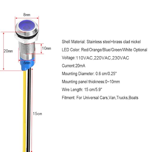 Formed 10 x 6mm 230V AC LED Metal Indicator Light Waterproof Signal Lamp (Green, Orange, Red, Blue, White, 10 Pieces) Color Mix: 220V