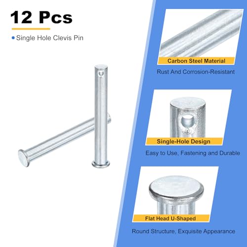 uxcell M10 x 75mm zinc-plated carbon steel single-hole clevis pins with flat heads, 12-piece set