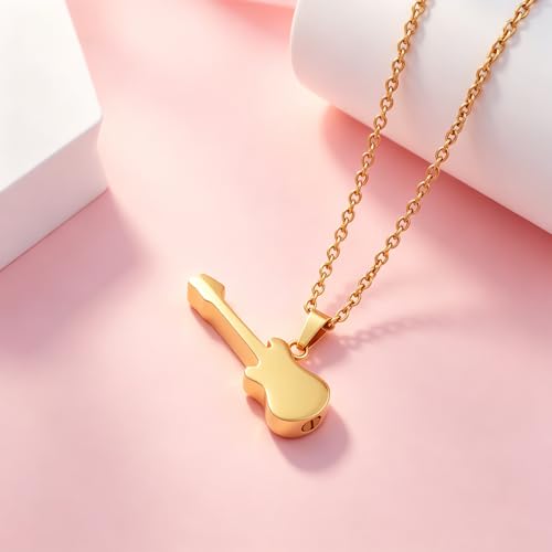 Guitar Cremation Jewelry for Ashes, Stainless Steel Guitar Shaped Urn Necklace for Men Women, Music Memorial Keepsake Pendant with Screw-Thread Chamber for Loved One Gold