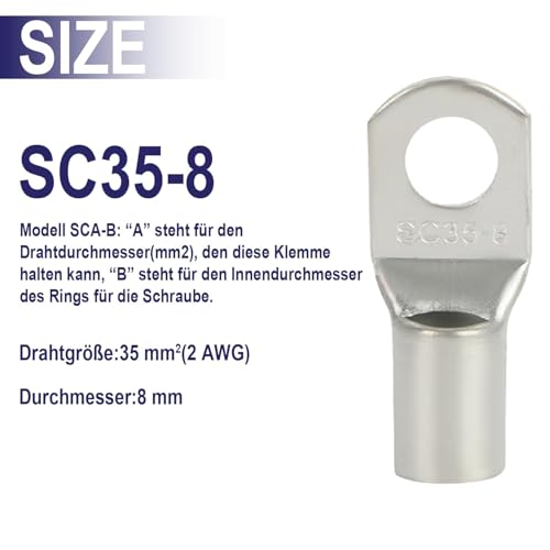 20 ring terminals SC35-8, tinned copper, 35 mm², M8 | High conductivity for batteries | inverters, motorcycles, cars and electrical installations silver 20