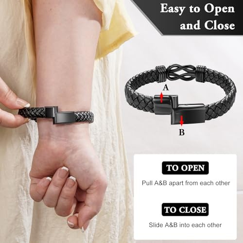 SOITIS Leather Cremation Bracelet for Ashes - Memorial Keepsake Urn Bangle for Men Women - Stainless Steel Memorial Jewelry for Loved Ones, Cremation Jewelry for Ashes Black