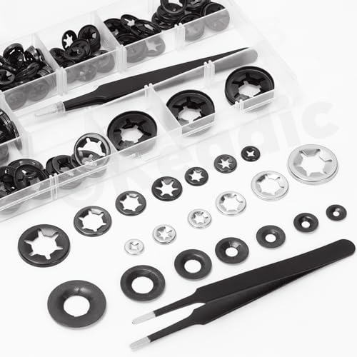 Keadic 211-piece 65Mn steel tooth lock washers and push nuts for automotive dolly wheel axles in assorted sizes