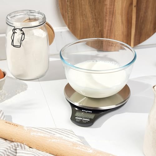 Salter Digital Kitchen Scale – Food Scales, Kitchen Weighing Scales, 5kg Capacity, Stainless Steel Platform, Measure Liquids, Add & Weigh, Tare/Zero Function, 1 x CR2032 Battery Included, 1035 SSBKDR Aquatronic Platform Scale