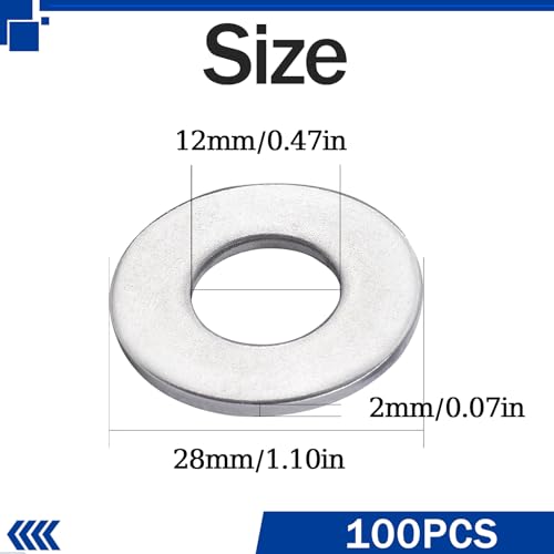 Ranstac 1/2 x 1-1/8 inch flat washers for bolts and screws, 100-piece set