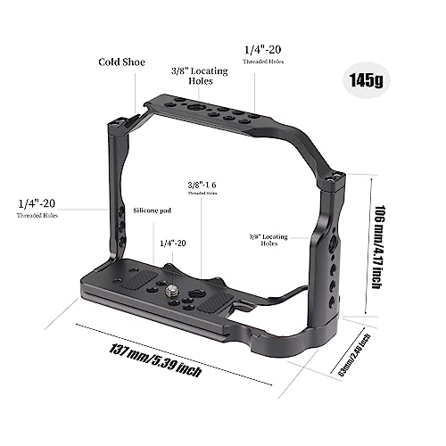 FocusFoto Camera Cage for Canon EOS R10 Mirrorless Camera, Aluminium Video Rig with NATO Rail, Cold Shoe, 1/4" Screw Mouting, 3/8"-16 Locating Pins for Arri Grip, Quick Release Plate for Arca Tripod