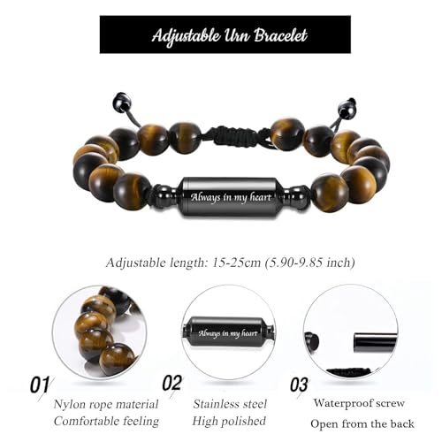 Hearbeingt Cremation Jewelry Urn Bracelet for Ashes Braided Rope Beads Tiger Eye-Always in my heart
