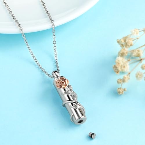 Rose Flower Urn Necklace for Ashes Stainless Steel Cylinder Ash Holder Pendant Cremation Jewelry for Ashes Rose Gold