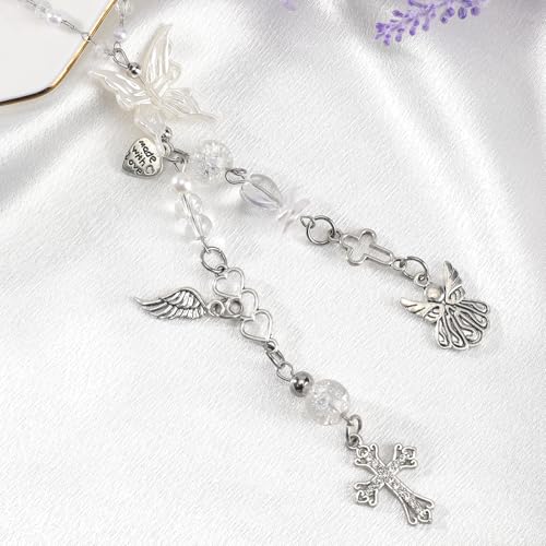 Angel Cross Rearview Mirror Charm Crystal Angel Wing Hanging Chain Angel Cross