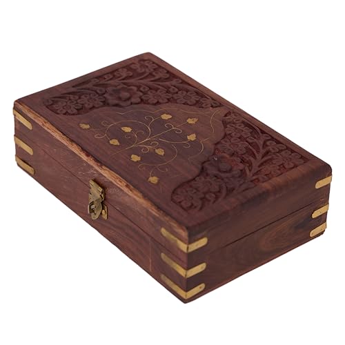GURU JEE™ Indian Jewelry Holder Floral Carving Wooden Jewellery Box With Brass Inlay Wooden Trinket Box Wood Jewelry Organizer Keepsake Box Treasure Chest Trinket Holder Watch Box Storage Box 8x5x2.3 inch_Taj