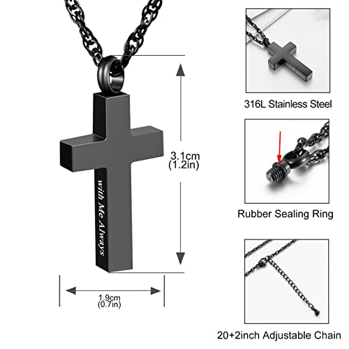 Cremation Cross Necklace for Ashes Stainless Steel Cross Urn Pendant Ashes Holder Memorial Jewelry-With Me Always With me always-Black