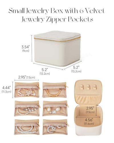 CASEGRACE Travel Jewelry Case, Jewelry Organizer with 6 Velvet Pouch Bags, Travel Jewelry Storage for Necklaces Rings Earrings, Gift for Women Girls, Beige White