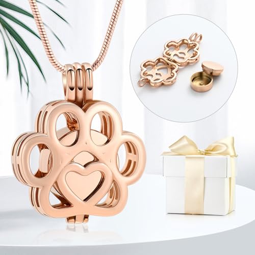 Pet Cremation Jewelry For Ashes For Dog/Cat Paw Stainless Steel Memorial Locket Urn Necklace Inside Mini Case Keepsake Cremation Jewelry Women Men Rose Gold