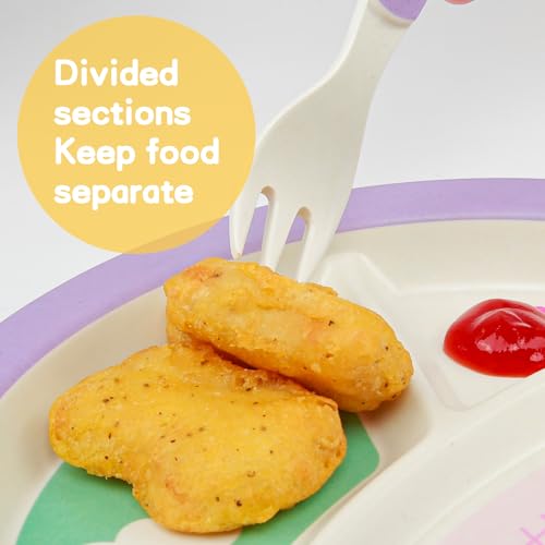 Kids Dinnerware Set, Includes Toddler Plate Bowl Tumbler and Utensils, BPA Free Bamboo Fiber Material Perfect for Little Girls (Purple - Butterfly Theme) Purple - Butterfly Theme