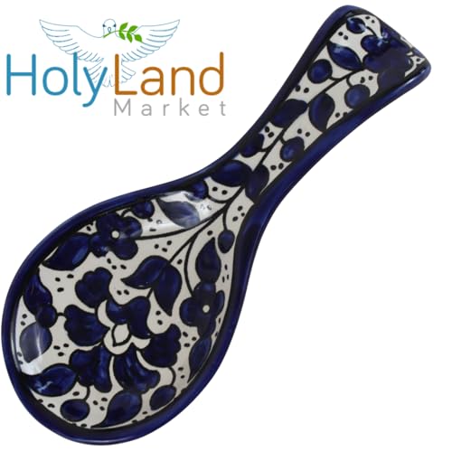 Armenian hand painted cooking Spoon Rest/Ladle Holder - Large with deep Round Cup part - Asfour Outlet Trademark Blue Flowers 8.5 Inches