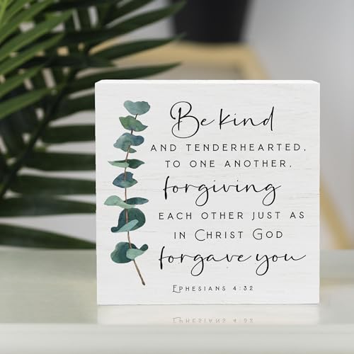 Bible Verse Wood Box Sign Rustic Motivational Bible Verse Ephesians 4 32 Wooden Sign for Home Office Living Room Church Bedroom bathroom Table Shelf Religious Gifts 5x5 -D17 White06