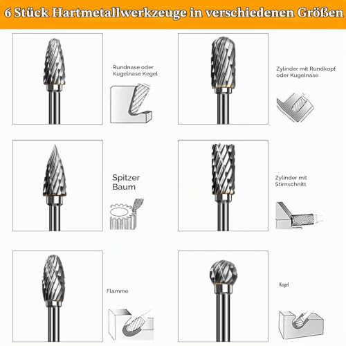 6 Piece Carbide Burr Set, Tungsten Carbide Cutter 6 mm Shank, Carbide Burr with Double Cut, with 1/8 Inch Shank, for Grinding Machine, Carving, Metal Polishing, Engraving, Drilling