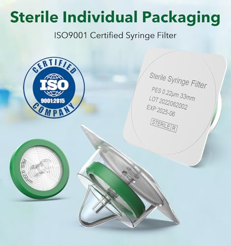 FOUR E'S SCIENTIFIC PES syringe filter, 50-pack sterile filtration membrane filters in product packaging