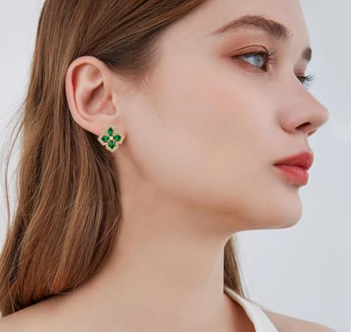VONSSY Four Leaf Clover Necklace Earrings Shamrock Irish ST Patricks Jewelry Set Gift Green Emerald Zircon Crystal Stud 18k Gold Plated Chain Saint Pendant for Woman Wife Girlfriend ER-Gold