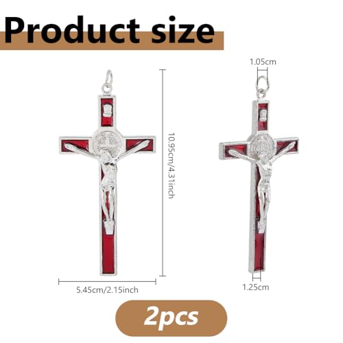 DICOSMETIC 2Pcs 11x5.5cm Metal Crucifix Wall Cross Saint Benedict Wall Crosses Red Enamel Jesus Christ Crucifix Catholic Christian Cross Decor Easter Gifts for Women Men 109.5x54.5x12.5mm