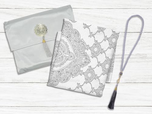 Muslim Prayer Rug and Beads with Elegant Slub Fabric Bag, Islamic Prayer Mat, Ramadan Prayer Blanket, 110 * 70CM, Grey