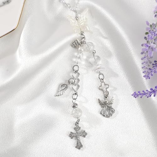 Angel Cross Rearview Mirror Charm Crystal Angel Wing Hanging Chain Angel Cross