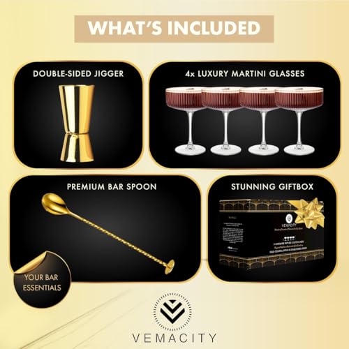 VEMACITY - Ribbed Espresso Martini Glasses Set of 4 with Gold Rims | Coupe Glasses | Vintage Cocktail Glasses for Margaritas, Champagne and More - Includes Jigger & Bar Spoon | Set of 4- 10oz