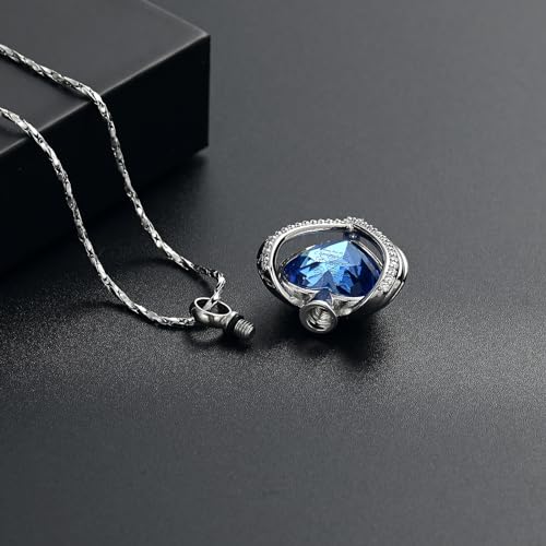 Cremation Jewellery for Ashes Pendant Crystal Heart Urn Necklace with Mini Keepsake Urn Memorial Ash Jewellery Silver blue-always
