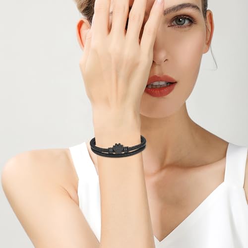 Cremation Jewelry Urn Leather Bracelet for Ashes Paw Print Urn Bracelet for Ashes for Women Men Memorial Cuff Wristband Braided Leather Bangle Keepsake Jewelry Black-22cm