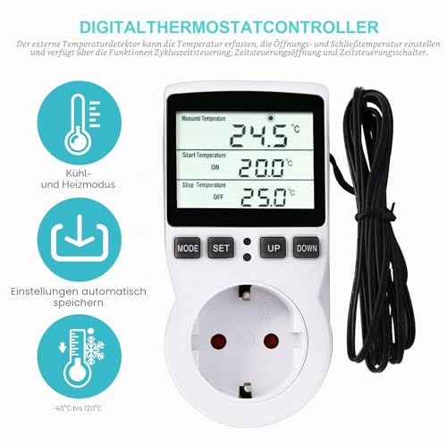 Digital Thermostat with LCD Temperature Control, Multifunction with Timer and Probe for Greenhouse, Aquarium, Terrarium, Reptile, Incubator