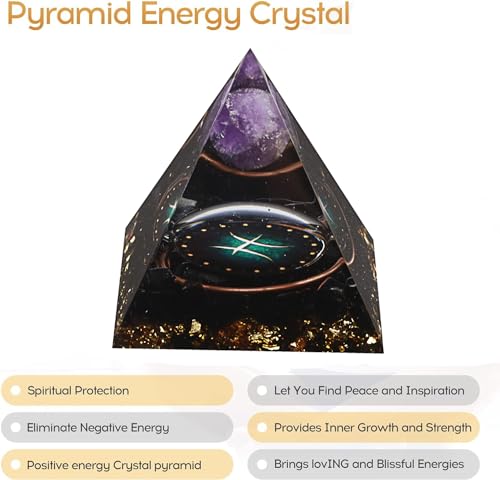12 Zodiac Orgone Crystal Pyramid, Natural Amethyst with Obsidian,Healing Crystals Pyramid for Protection Chakra, Unique Constellation Pyramid for Positive Energy, Healing Money Health(Pisces) Pisces