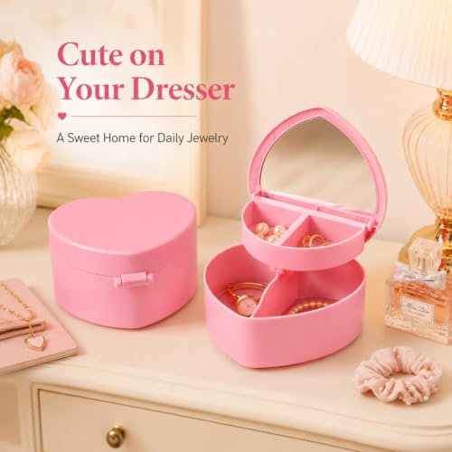 Cabilock 4-Pack Pink Heart Jewelry Box for Girls with Mirror, Double Layer