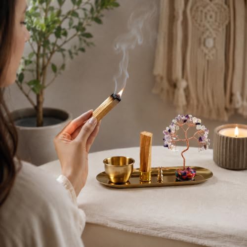 Handmade Crystal Incense Holder Set, Tree of Life Sage & Palo Santo Tray Mixed