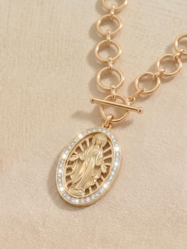 Virgin Mary Necklace Gold with OT Chain, 925 Sterling Silver Miraculous Medal Necklace for Women, Catholic Jewelry Virgin Mary Pendant Mother Mary Necklace Religious Gift Gold-010