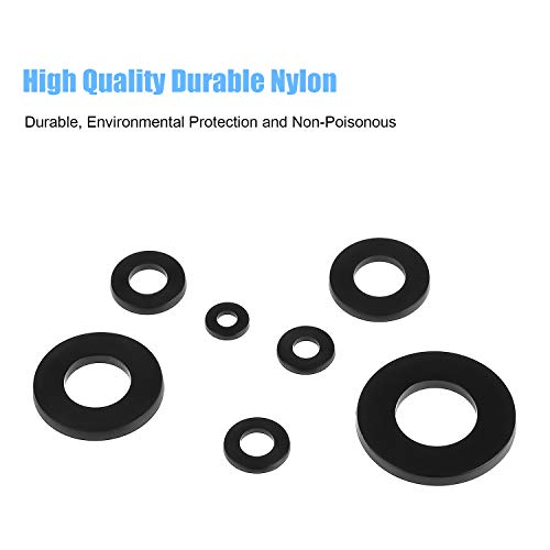 DYWISHKEY black nylon flat washers assortment kit, 720 pieces in 7 sizes M3 to M12