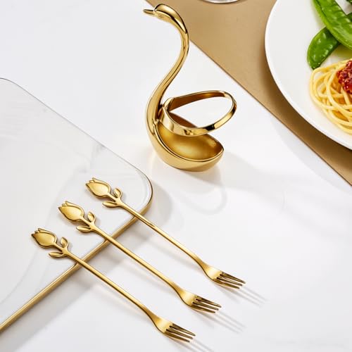 Gold Dessert Fork Set of 12 with Swan Base Holder, 6 Inch Gold Swan set
