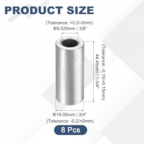 uxcell 8Pcs Aluminum Spacer 3/4" OD x 3/8" ID x 1-3/4" Length Screw Standoff Bushing Plain Finish Unthreaded Round Metal Spacer for Screws Bolts and Rods, Silver 1-3/4"