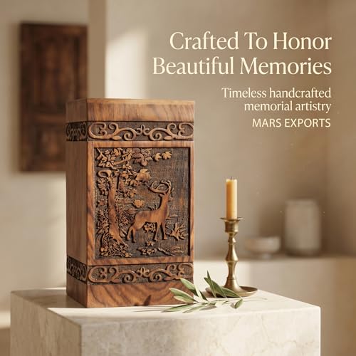 Wooden Cremation Urns Box for Human Ashes, Memorial Keepsake Boxes for Adults, Male/Female,Child, Pets Dog Cat Wood Burial Funeral Container (Deer, Medium 115 cu in) Deer