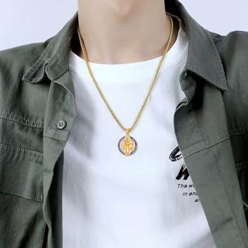 925 Sterling Silver St Michael/St Christopher Oval Round Medal Archangel Cross Necklace with 22”+2” Chain E02-Saint Benedict (Gold)