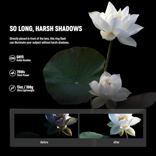 NEEWER RF1-N Marco Ring Flash Light Compatible with Nikon Camera, 76Ws GN15 5600K TTL Lighting 1-1/128 Output Front/Rear Curtain Sync Color Gels, Lens Adapter Rings for Macro Photography Studio Photo for Nikon