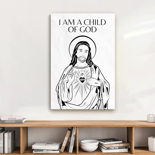 CCCHCY "I Am A Child of God Christian Canvas Art, Black and White Jesus Picture Wall Decor, Sacred Heart Jesus Artwork, Minimalist Christian Home Décor, Inspirational Scripture Prints, 16" x 24" Wrapped Canvas 24"L x 16"W