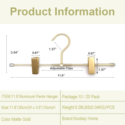Shorts Hangers 20 Pack Jeans Hangers for Closet 11.8" Gold Aluminium Hangers with 2 Adjustable Clips Pants Hanger Shirt Slim Hangers for Men Women Metal Hangers