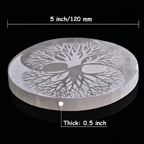 JIC Gem 5" Tree of Life Etched Selenite Charging Plate Round Engraved Selenite Slab Large Healing Crystal Charging Station Tree of Life-5"