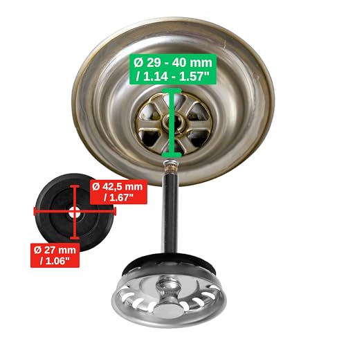 Sink Strainer Basket, 1 Pack, Diameter 52 mm Strainer Basket, Stainless Steel, Eccentric Spigot Protrudes 27-57 mm Deep into the Drain, Diameter 8 mm Pin, Replacement Part for Kitchen Sinks, Kitchen Drain Strainer Ø 52 mm, 27 - 57 mm Pin