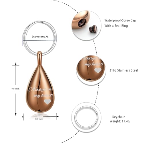 Cremation Keychain for Ashes Always In My Heart Urn Locket Cremation Jewelry Teardrop Memorial Keepsake Keychain Coffee
