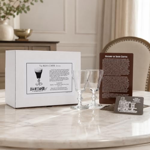 Two authentic Irish coffee glasses from the HISTORY COMPANY in a San Francisco classic gift box set, perfect for enjoying hot beverages.