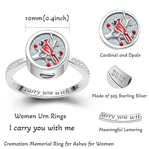 Circle Red Cardinal Urn Ring for Ashes - Sterling Silver Cremation Keepsake Ring with Opal Stone for Women 7
