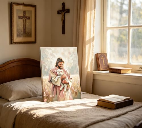 Jesus Embraces Lamb Canvas Wall Art The Lost Lamb Wall Decor Bible Stories Jesus Lamb Painting Picture God Leaving 99 Sheep Poster Prints for Bedroom Prayer Room Church Home Decoration16X24 Jesus holding sheep 16x24in