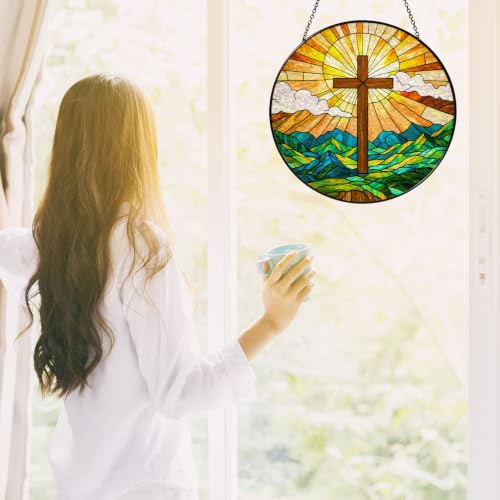 Christian Cross Stained Glass Window Hanging Art Light Sun Christian Gifts for Women Handmade Jesus Suncatchers Decoration for Garden Home Windows Hanging, 7.87inch Cross-02