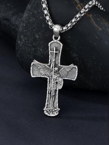 Patron Saint Necklace 925 Sterling Silver St Amulet Medal Pendant Religious Protection Jewelry Gifts for Men C01-Saint Michael Cross